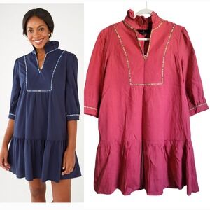 NWT Abbey Glass Emmerson Linen Ruffle Tiered Babydoll Mini Dress Pink Small